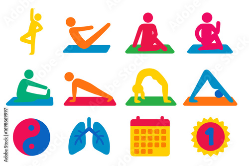 Yoga Challenge Icons. Flat vector icons of yoga challenge sets: balance poses, core flow, hip openers, twist week, flexibility