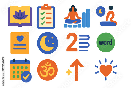 Yoga Journal Icons. Flat vector icons of yoga journal and goal setting: daily log, affirmation list, pose progress, gratitude
