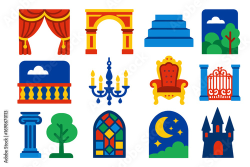 Opera Stage Icons. Flat vector icons of opera stage design: ornate curtain, grand arch, marble steps, balcony backdrop, chandelier