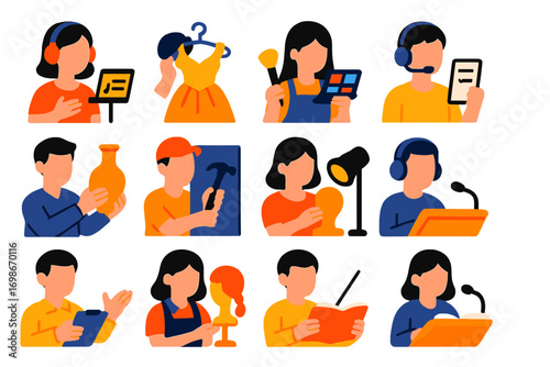 Opera Backstage Role Icons. Flat vector icons of opera backstage roles: vocal coach, costume dresser, makeup artist, stage manager