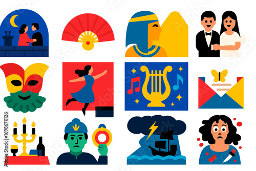 Iconic Opera Icons. Flat vector icons of iconic opera scenes: La Bohème rooftop, Carmen’s fan, Aida’s pyramid, Figaro’s wedding,