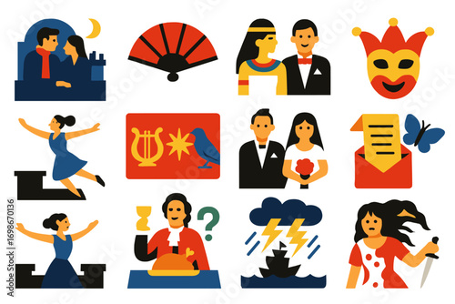 Iconic Opera Icons. Flat vector icons of iconic opera scenes: La Bohème rooftop, Carmen’s fan, Aida’s pyramid, Figaro’s wedding,
