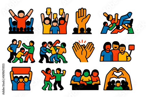 Vibrant Concert Icons. Flat vector icons of concert audiences: cheering crowd, phone lights in air, hand wave, crowd surf, mosh