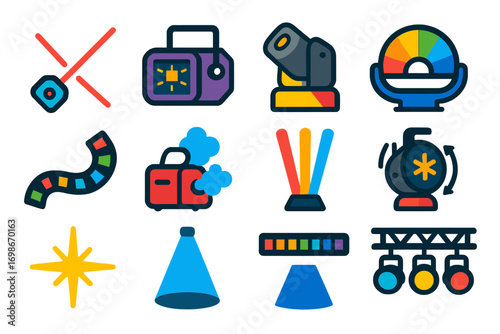 Concert Lighting Icons. Flat vector icons of concert lighting and effects: laser beam, strobe light, moving spotlight, color wash,