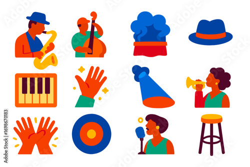 Jazz Concert Icons. Flat vector icons of jazz concerts: sax solo, upright bass, smoky stage, jazz hat, piano keys, improv moment,