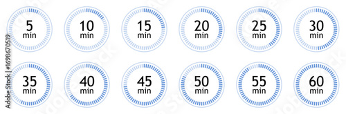 Set of circular countdown timer icons from 5 to 60 minutes. Timer, clock, stopwatch and cooking time icon set. 5, 10, 15, 20, 25, 30, 35, 40, 45, 50, 55, 60 minutes. Isolated vector illustration.