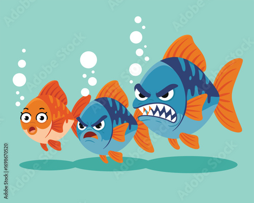 Three Fish of Different Sizes with Angered Expressions in Flat Vector