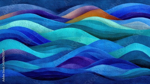   A vivid painting of waves in shades of blue, green, orange, and purple against a deep blue backdrop and a serene blue sky