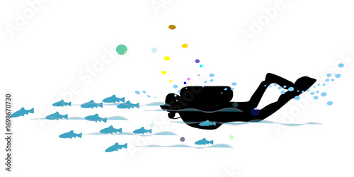 Vector illustration with a transparent background of a diver swimming among fish. Ideal for t-shirts and stickers.