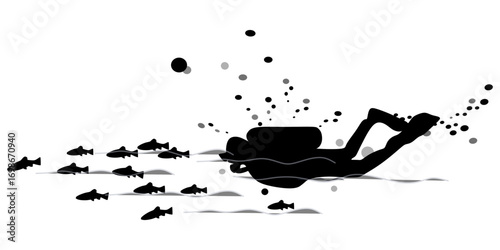 Vector illustration with a black transparent background of a diver swimming among fish. Ideal for t-shirts and stickers.