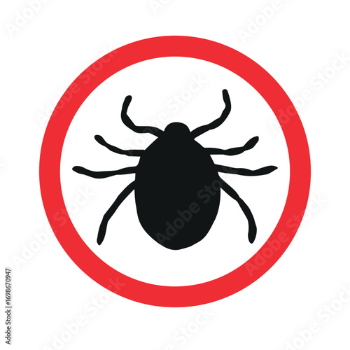 Vector hand drawn mite silhouette in red circle isolated on white background