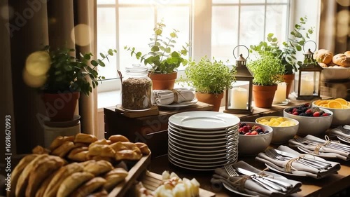Elegant Breakfast Buffet with Fresh Fruits and Plants