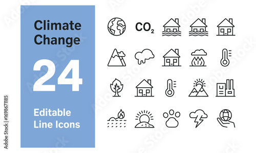 Climate change line icon set of 24 editable minimalist outline environmental and sustainability symbols with blue header on white background