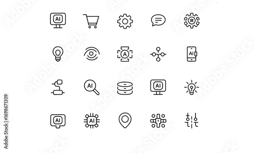 AI agent line icon set of 24 editable minimalist outline artificial intelligence and machine learning symbols with purple-black gradient panel on white background