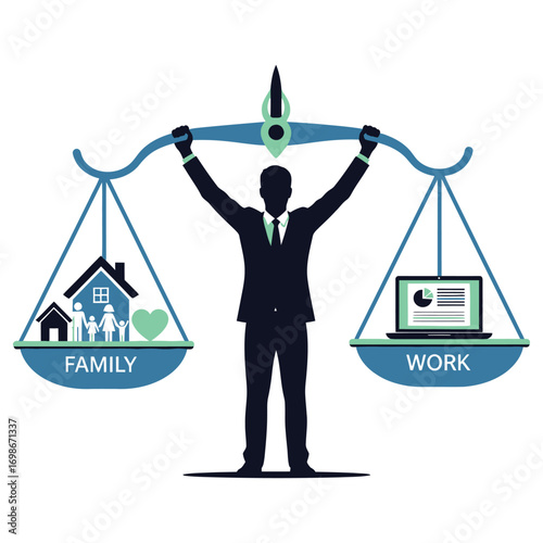 Vector art of businessman balancing work and family on a scale