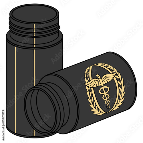 Two black medicine bottles with caduceus symbol