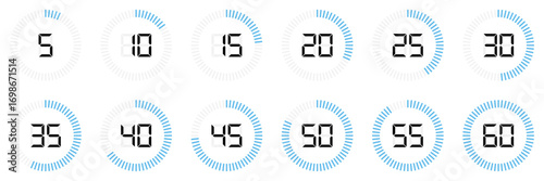 Digital countdown timer icons from 5 to 60 second, circular progress bars in blue, vector design set. Timer and stopwatch icon set with digital numbers. Digital clock for time with second symbols.
