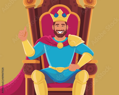 Happy cartoon king in a golden crown and armor sitting on a royal throne giving athumbs up gesture