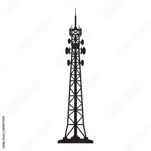 Telecommunication Tower Silhouette Isolated on White Background