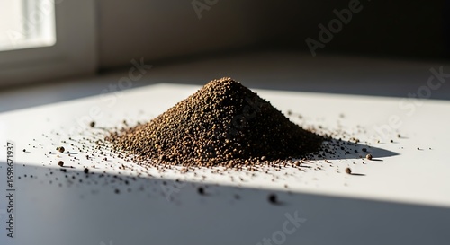 Pile of dark brown granules on a white surface with window light