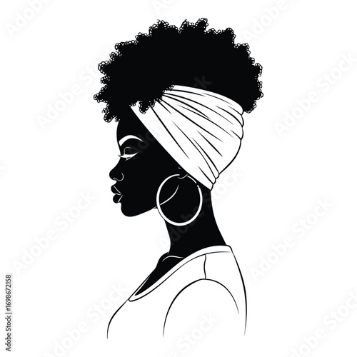 Vector art of silhouette of a black woman with an afro and headwrap