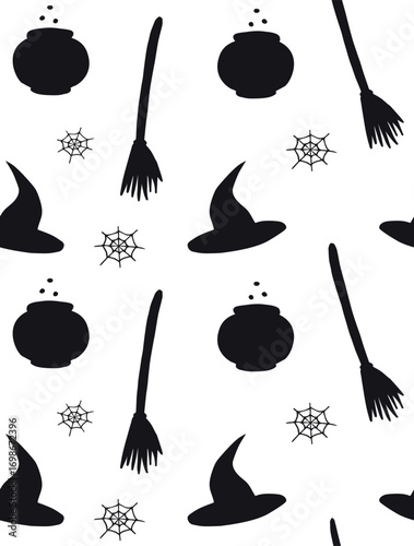 Vector seamless pattern of hand drawn witch things isolated on white background