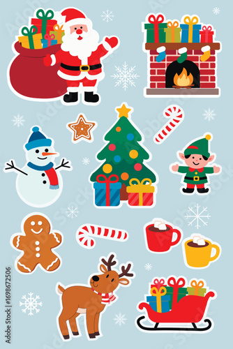 set of cartoon style New Year stickers. Christmas trees, gifts, stockings for gifts, snowflakes, and other attributes of winter holidays.