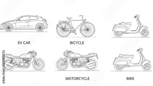 Vehicle CAD Drawings Vector | Bike, Bicycle, EV Car, Motorcycle Side Front Top Views