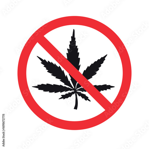 Vector hand drawn cannabis leaf silhouette crossed in red circle isolated on white background