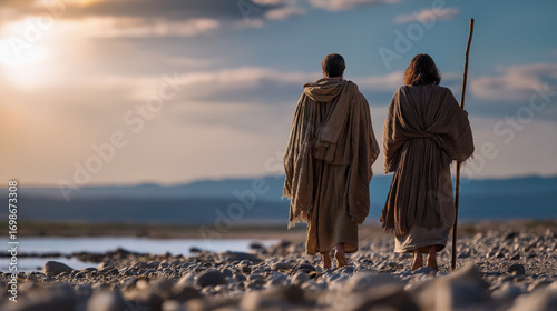 Elijah and Elisha walk together through a barren riverbed at sunset, their cloaks trailing in the dust, symbolizing prophetic succession and the passing of divine calling.