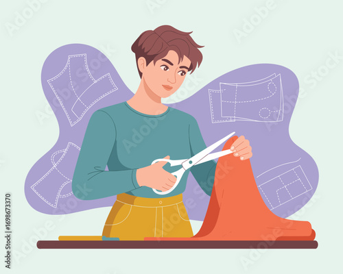 Creative dressmaker at work cutting orange cloth with scissors. A flat vector illustration of a sewing hobby