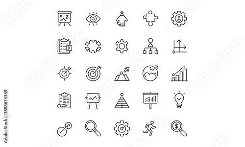 Strategy line icon set of 24 editable minimalist outline business symbols with dark blue panel on white background