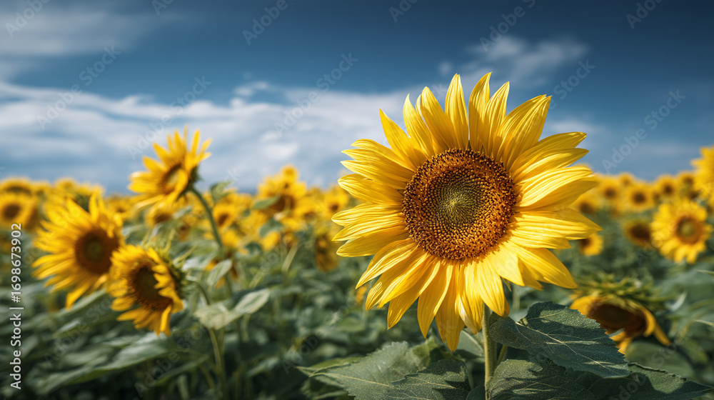 Fototapeta premium A vibrant sunflower field under a blue sky with scattered clouds on a sunny day outdoors