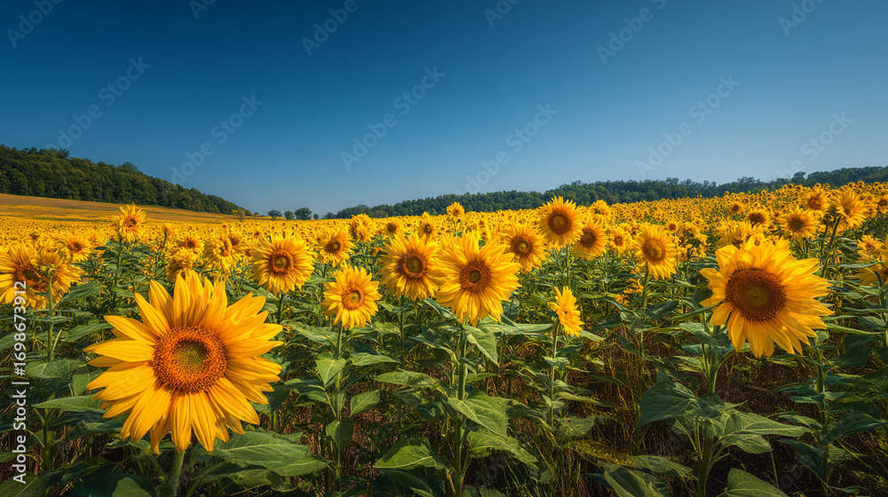 Fototapeta premium A vast field of sunflowers in full bloom under a clear blue sky during the daytime hours