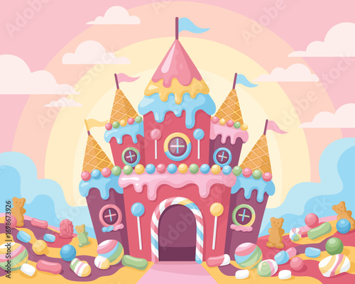A flat vector illustration of a magical candy land with a sweet fairytale castle