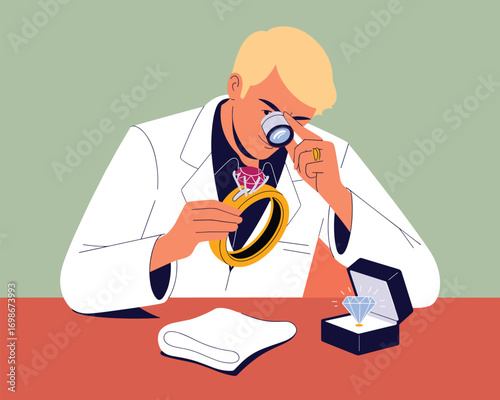 Jeweler Examining Diamond Ring with Magnifying Glass