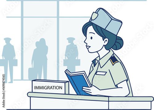Immigration Officer Border Control Airport — Passport Check Counter Vector Illustration