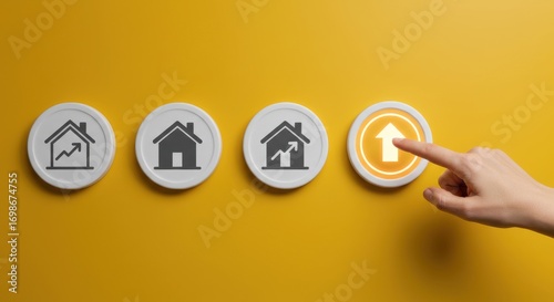 Business concept of real estate market growth, with a hand selecting a glowing upward arrow icon to symbolize property value increase