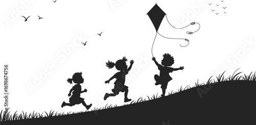 Silhouette of happy children running on hill, flying kite, outdoor playtime, childhood fun, nature activity, kids enjoying freedom, summer breeze, grassy f