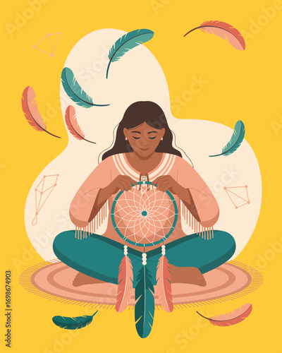 A serene woman crafting a traditional dreamcatcher with floating feathers on a yellow background