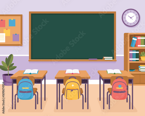 Classroom Scene Flat Vector Illustration of a Classroom with Desk and Blackboard