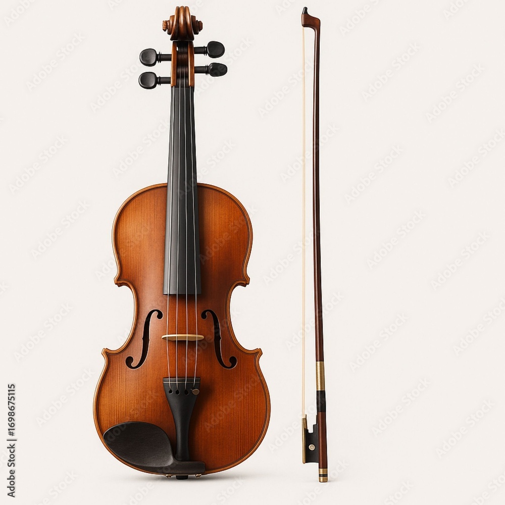 Fototapeta premium Traditional Wooden Violin with Bow – Musical Instrument Photography Collection