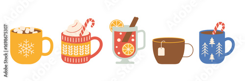 Set of Hot Winter Drinks in Cups. Vector Illustration Featuring Warm Seasonal Beverages Perfect for Cozy Holiday Designs, Winter Celebrations, and Festive Beverage Promotions