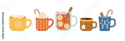Set of Hot Winter Drinks in Cups. Vector Illustration Featuring Warm Seasonal Beverages Perfect for Cozy Holiday Designs, Winter Celebrations, and Festive Beverage Promotions
