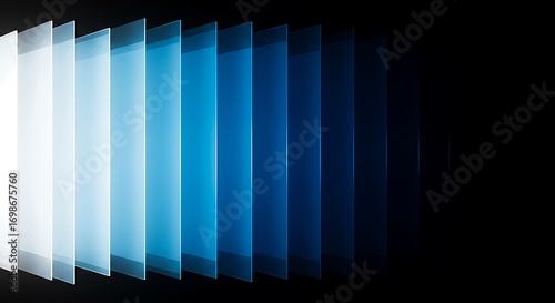 Vertical Translucent Blue Gradient Panels on Black Background, Showing Light to Dark Color Transition and Depth