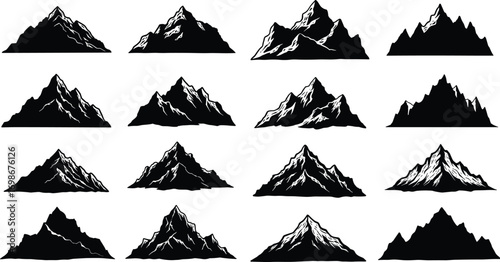 Black mountain silhouette collection, rugged peaks, nature landscape, outdoor adventure, hiking, climbing, rocky terrain, isolated vector images, scenic mountain range