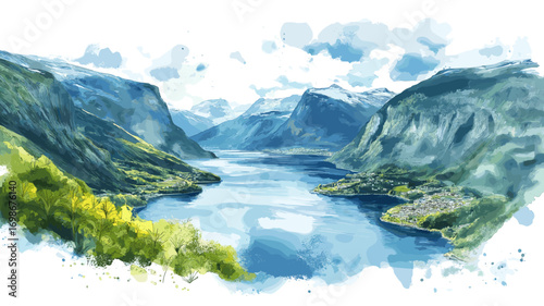 Geirangerfjord. Geirangerfjord watercolor vector illustration