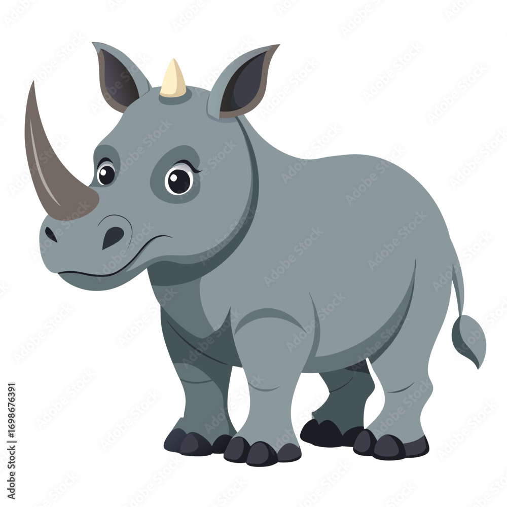 Naklejka premium Adorable cartoon rhino illustration offering a charming animal character for children's books, safari adventures, or wildlife conservation projects with a friendly expression