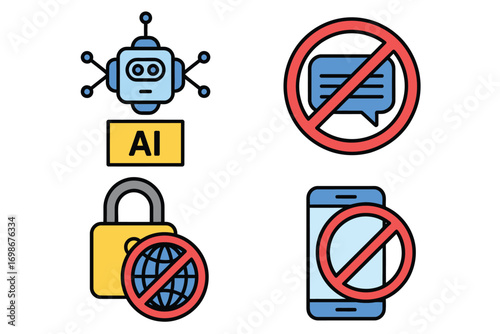 Technology Restriction Vector Icons Featuring AI Robot, No Chat, Internet Censorship, and No Smartphone. Digital Privacy Concept Set for Data Security and Communication Ban