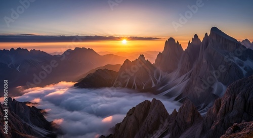 Majestic Sunrise Over Cloud-Shrouded Mountain Peaks